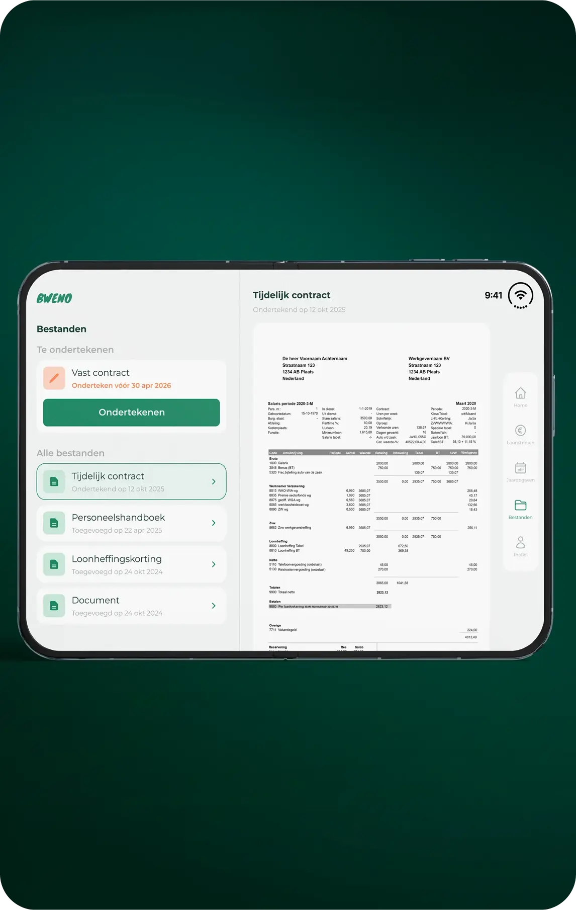 De Bweno-app op twee telefoons: het overzicht van bestanden en een geopend contract