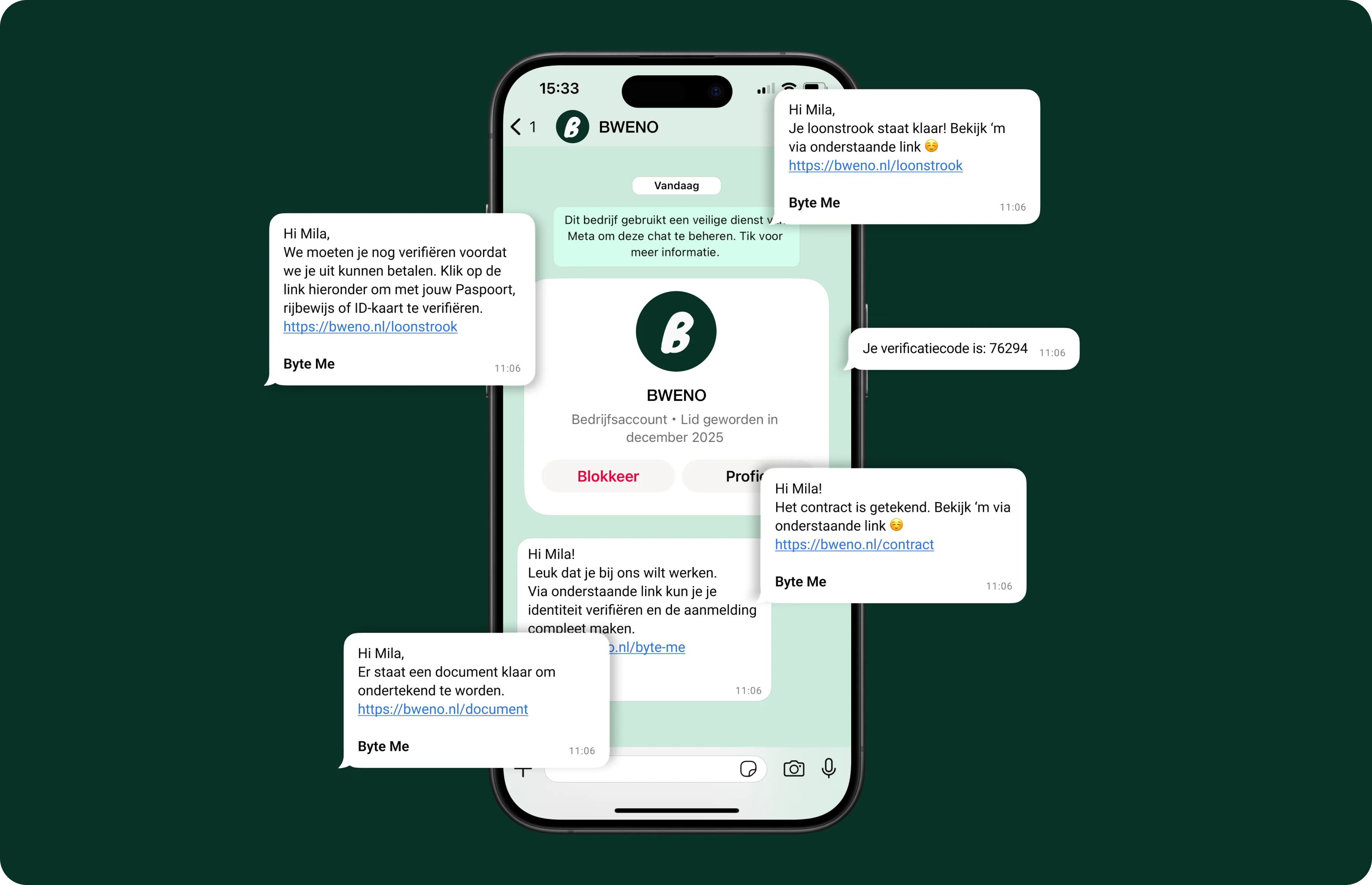Een WhatsApp-gesprek met Bweno, met berichten over verificatie, een loonstrook en een contract