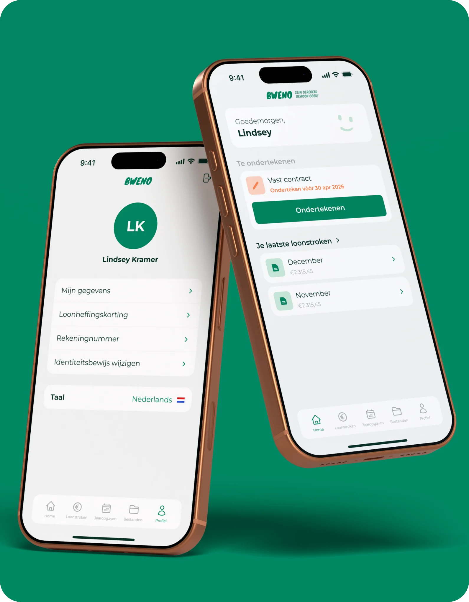 Twee telefoons met het profiel en de te ondertekenen documenten in de Bweno-app