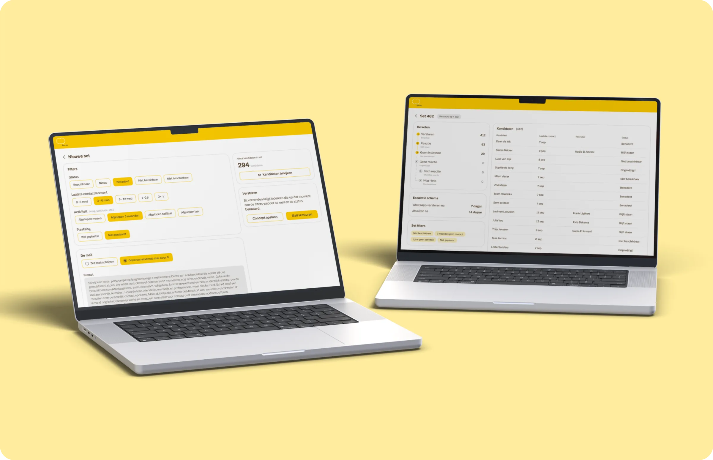 Twee laptops met de Carerix-uitbreiding: een nieuwe set samenstellen en de opvolging van een set
