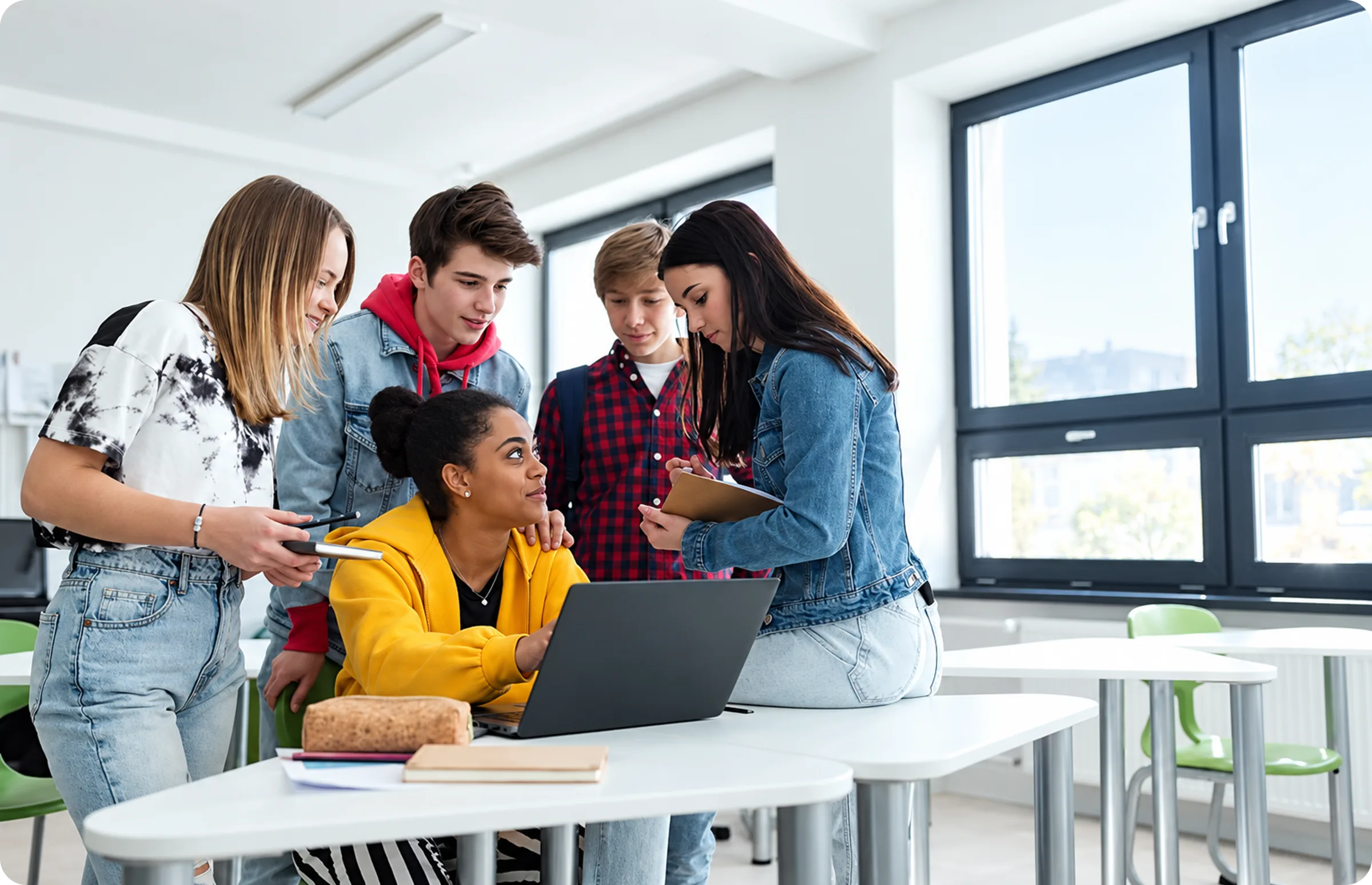Leerlingen werken samen aan een laptop in een klaslokaal