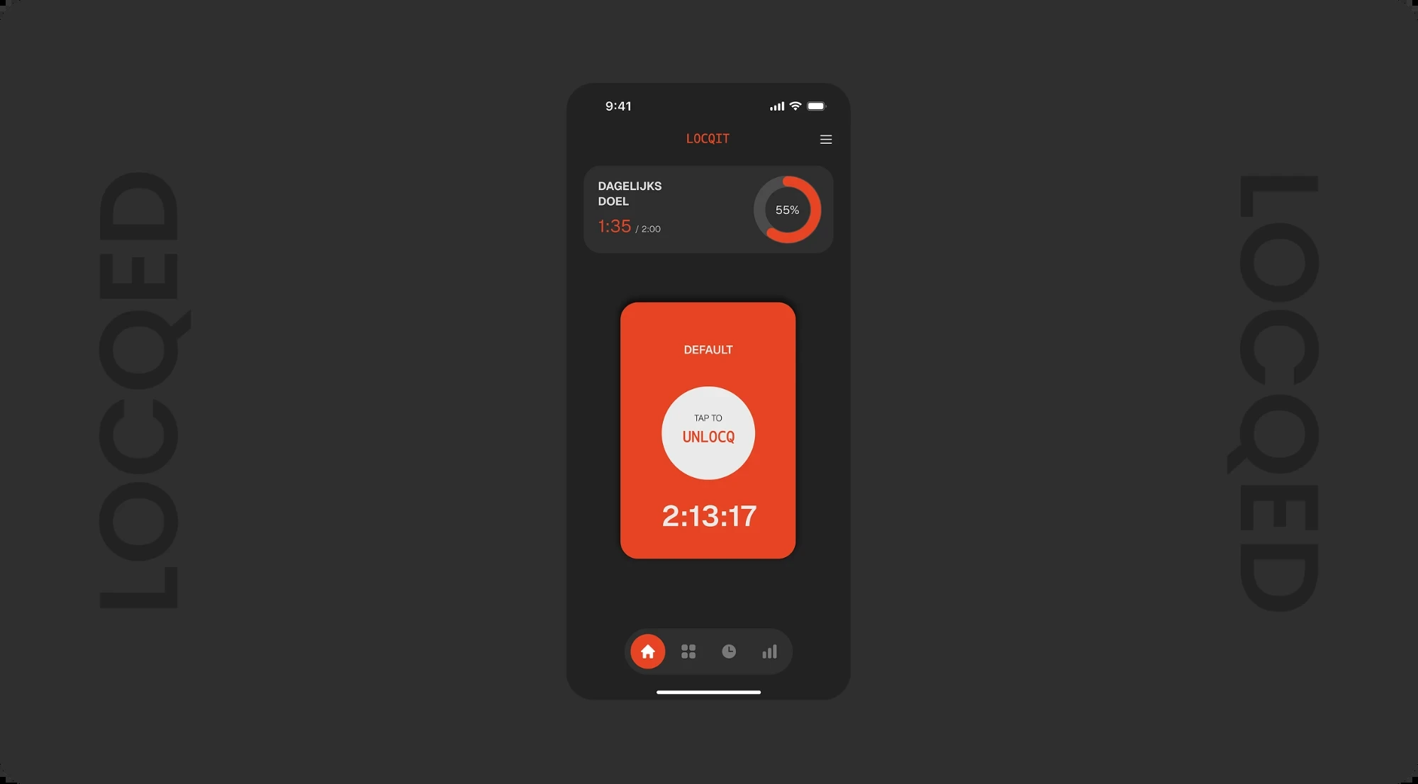 De LOCQIT-app in vergrendelde staat, met een donkere weergave en een aflopende timer