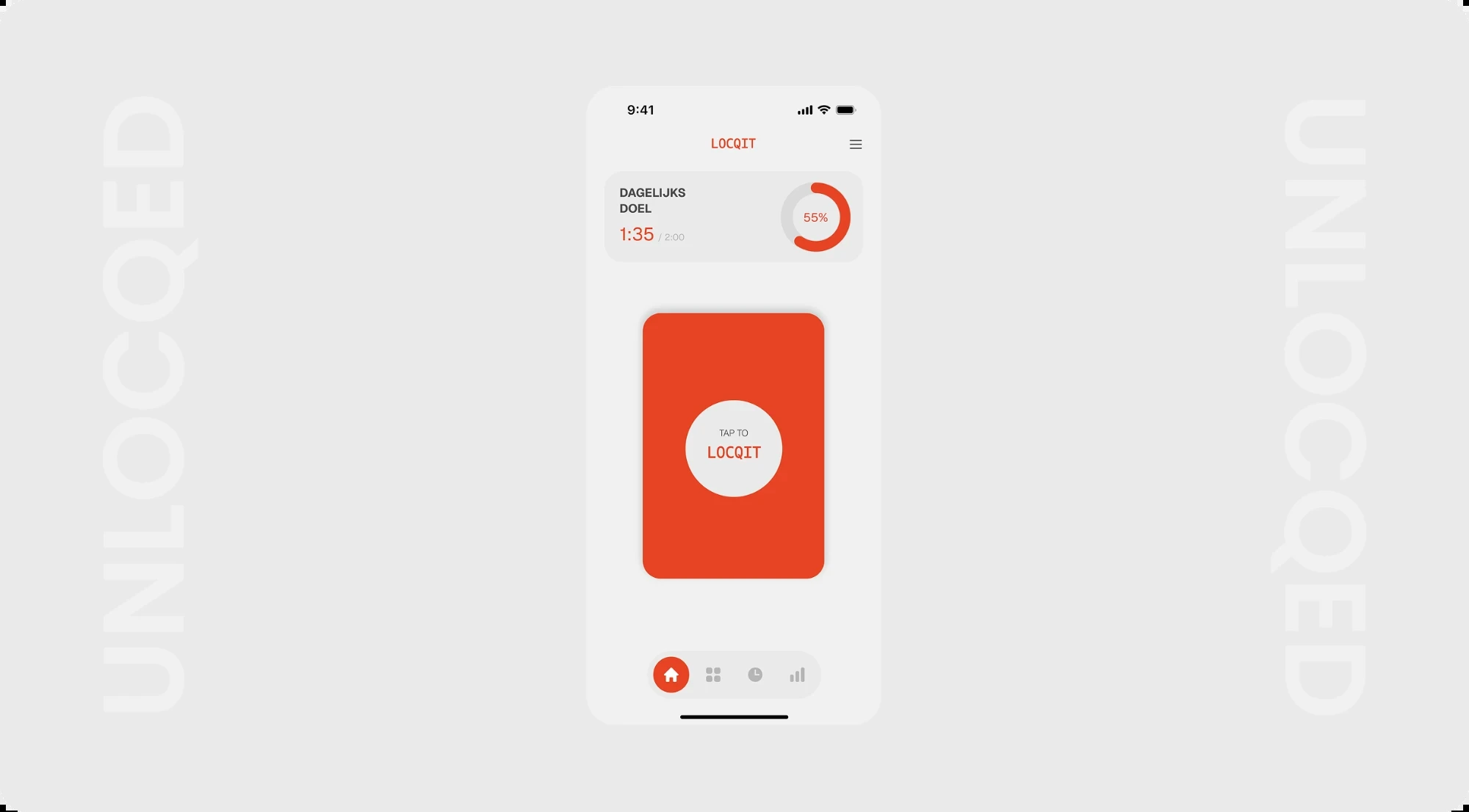 De LOCQIT-app in ontgrendelde staat, met een lichte weergave