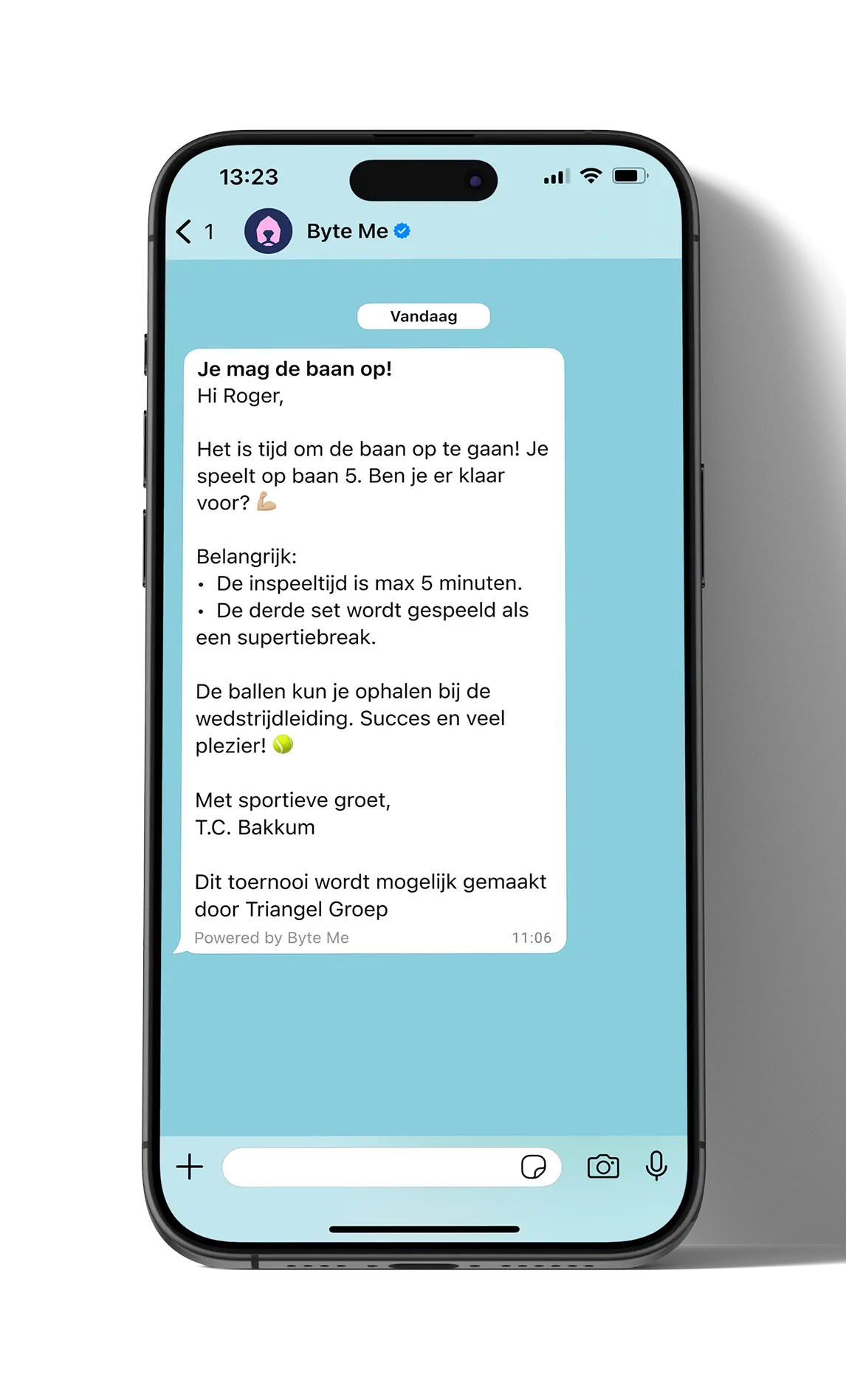 WhatsApp-bericht waarin een speler wordt opgeroepen voor zijn wedstrijd